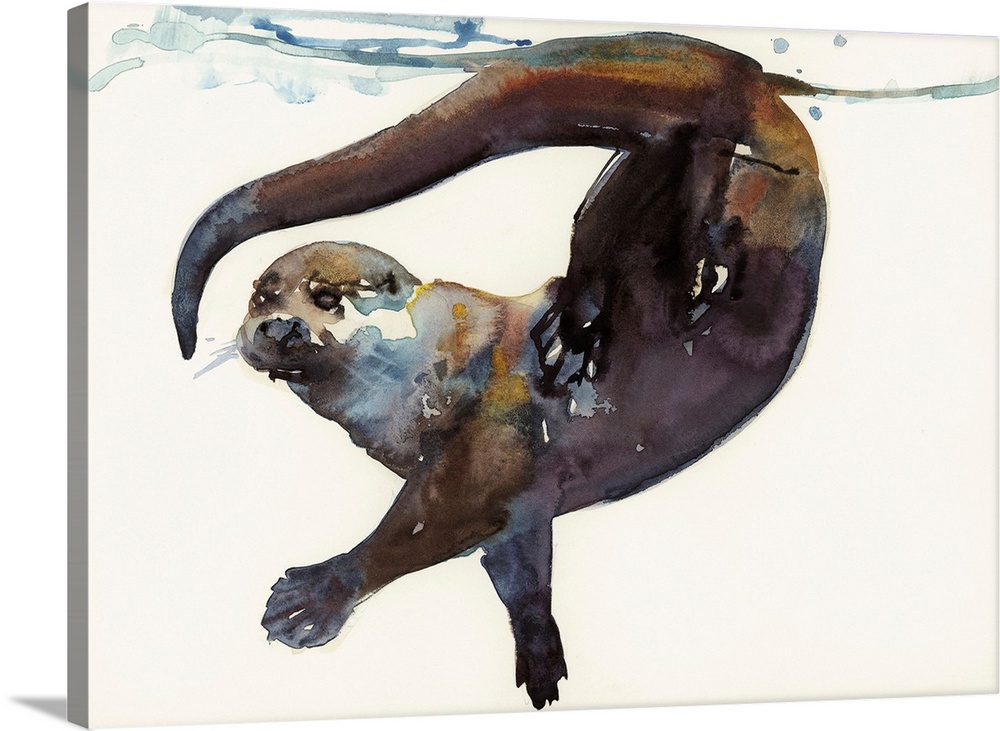 Watercolor painting of a river otter playing underwater, near the surface.