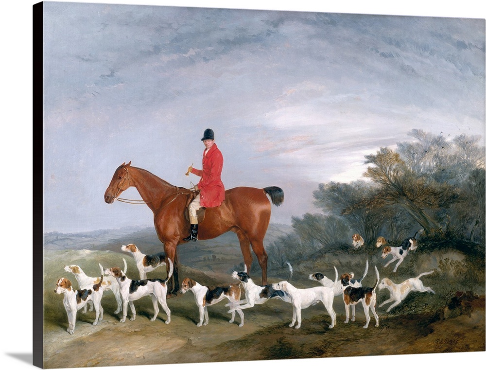 Oil painting of hunter on horseback surrounded by several hunting dogs.