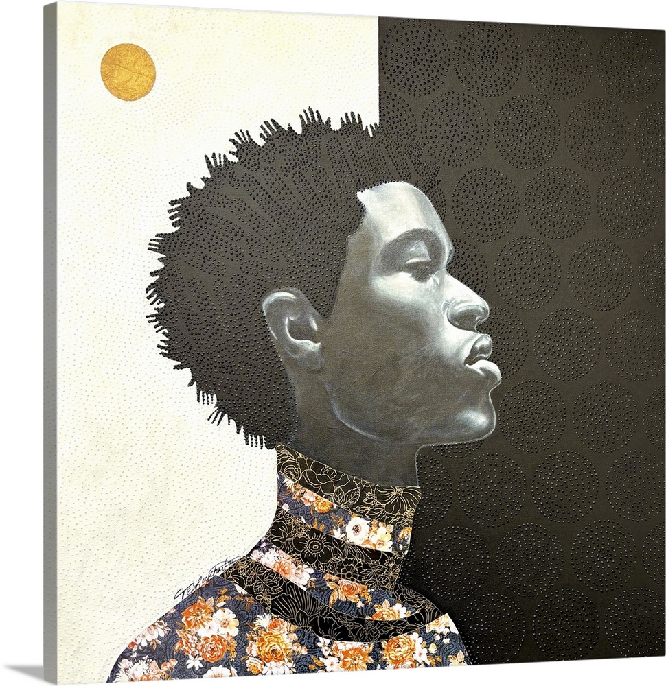 Out of darkness reaching the light I, c. 2024. (Originally mixed media on canvas.) Handsome silhouette of male side profil...