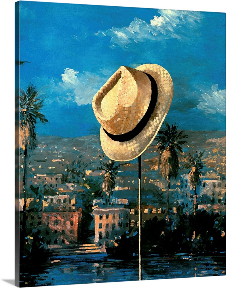 Contemporary artwork of a hat hanging on a pole, with the a cityscape in the background.