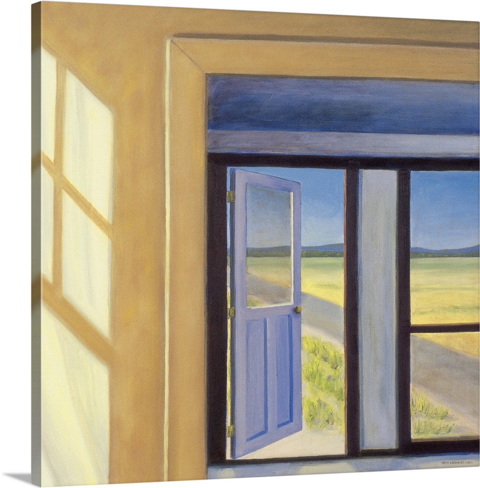 Contemporary painting of an open door leading out to a road.