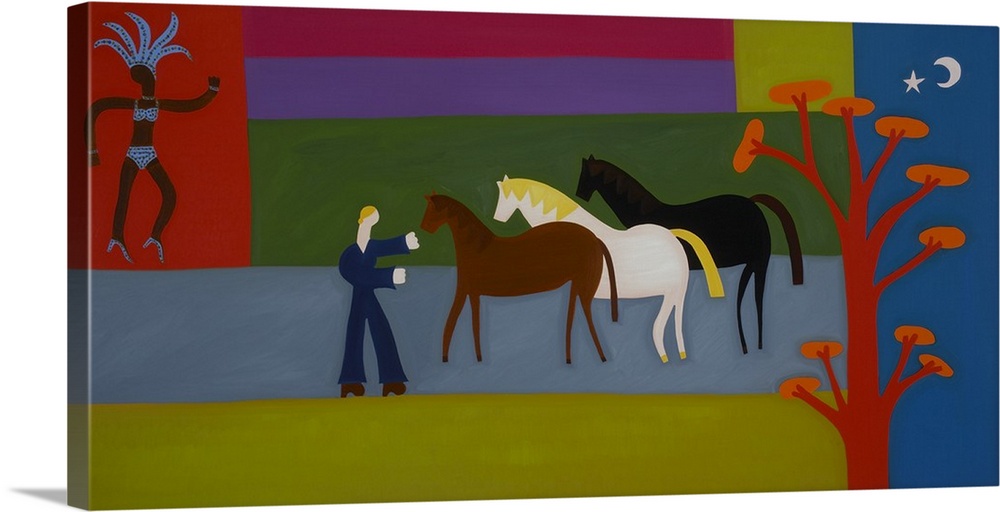Contemporary painting of a person with three horses in a row.