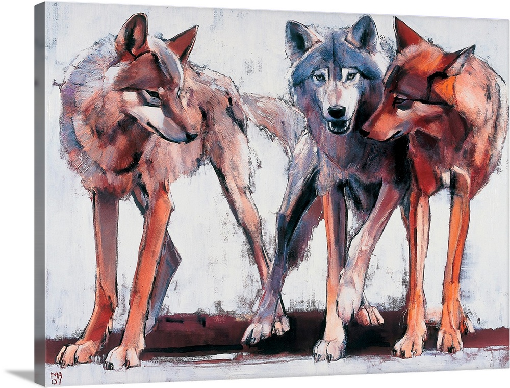 Big landscape painting of three wolves standing next to each other, each different in color.  Painted with rough, patchy b...
