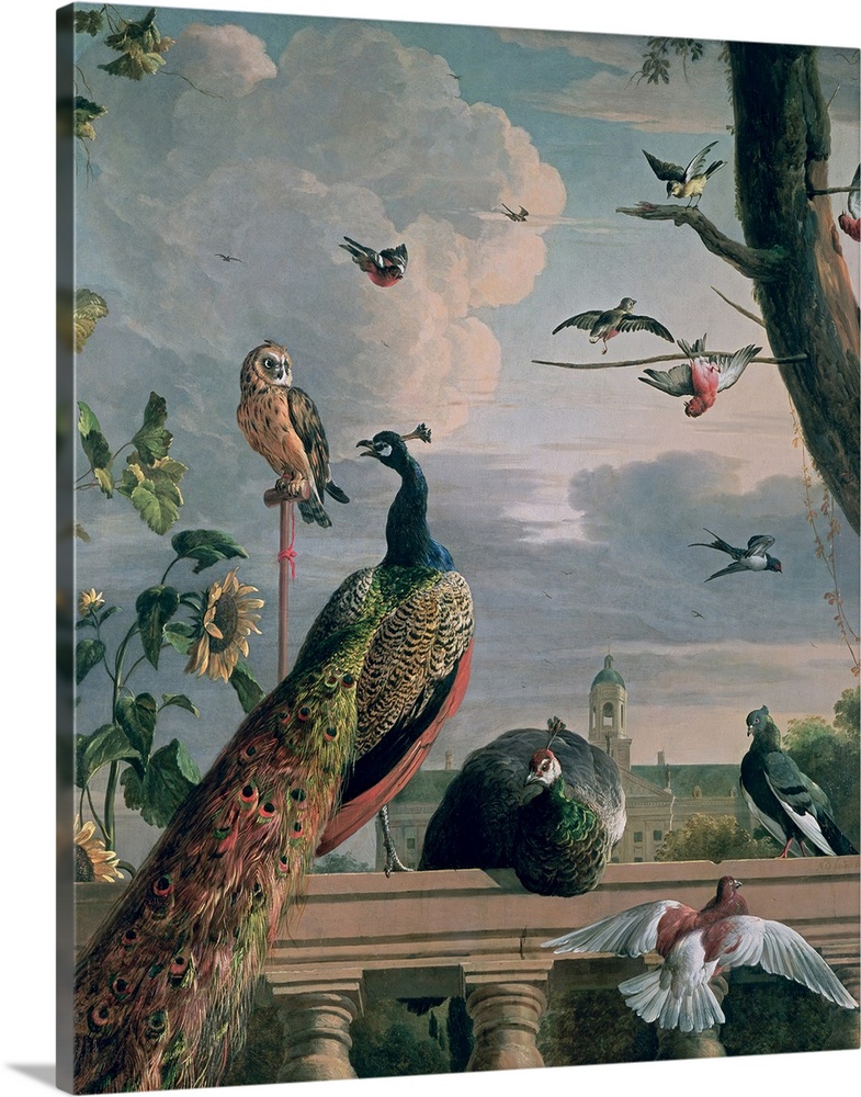 This is a vertical painting of a 17th century outdoor menagerie of birds gathering on a porch railing and in a near by tree.