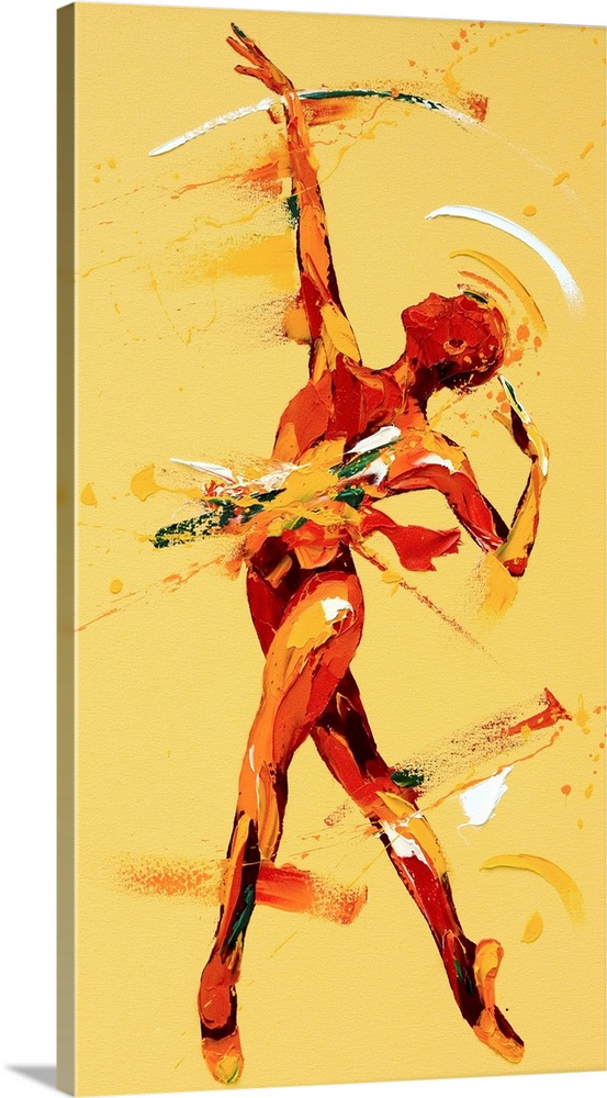 Contemporary painting using warm red and yellow tones to create a dancing figure.