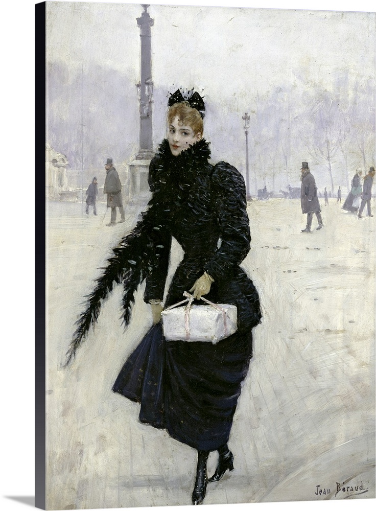 Classic artwork of a woman standing outside dressed in all black during winter as snow blows in front of her and she holds...