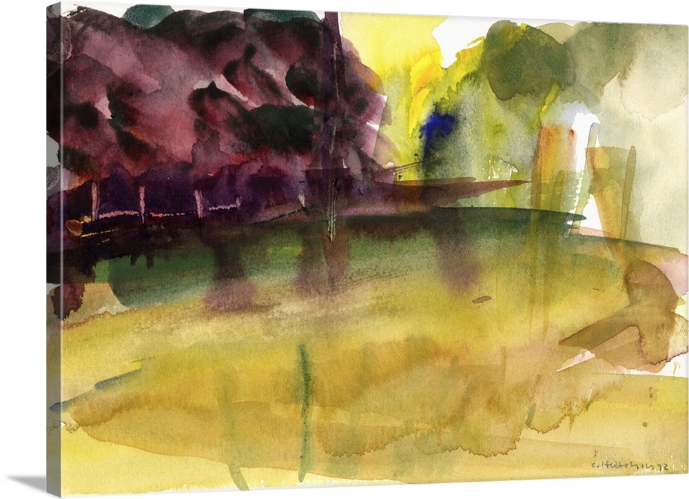 Contemporary watercolor painting of an open field in a park.