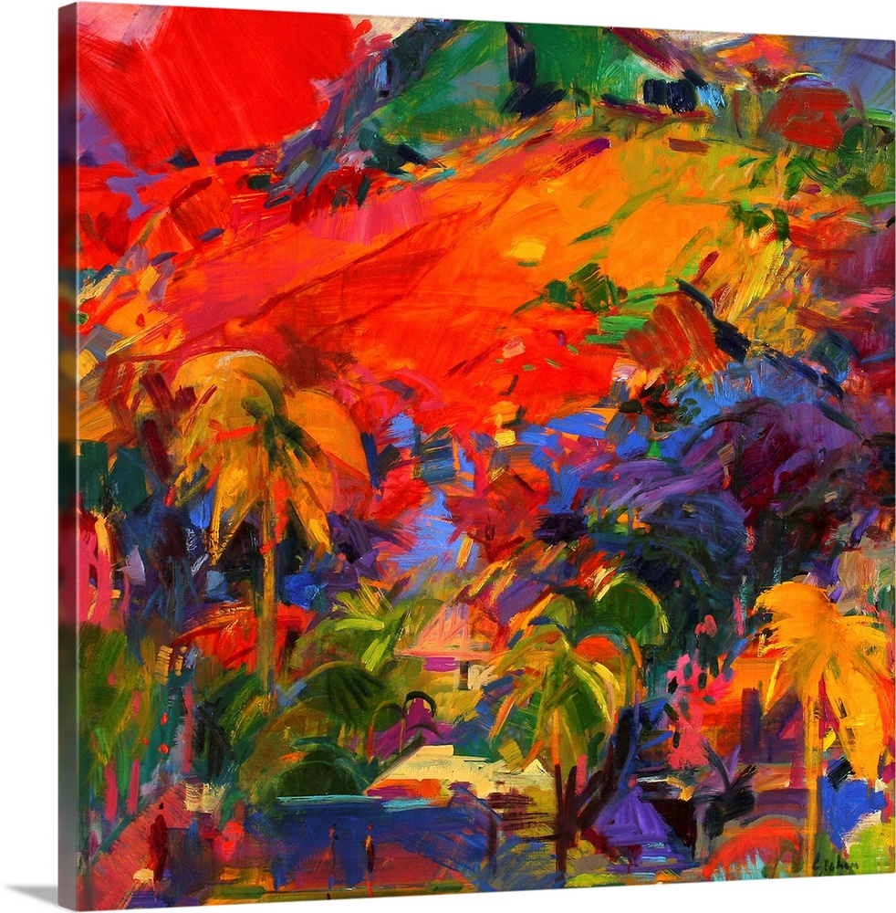Big contemporary art incorporates a landscape filled with palm trees and tropical vegetation.  Artist uses a high volume o...