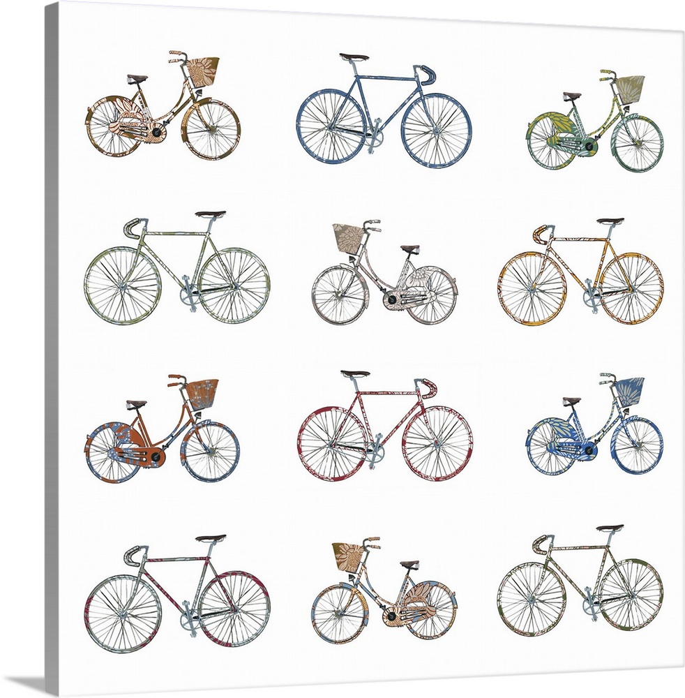 Contemporary artwork of a pattern of bicycles against a white background.