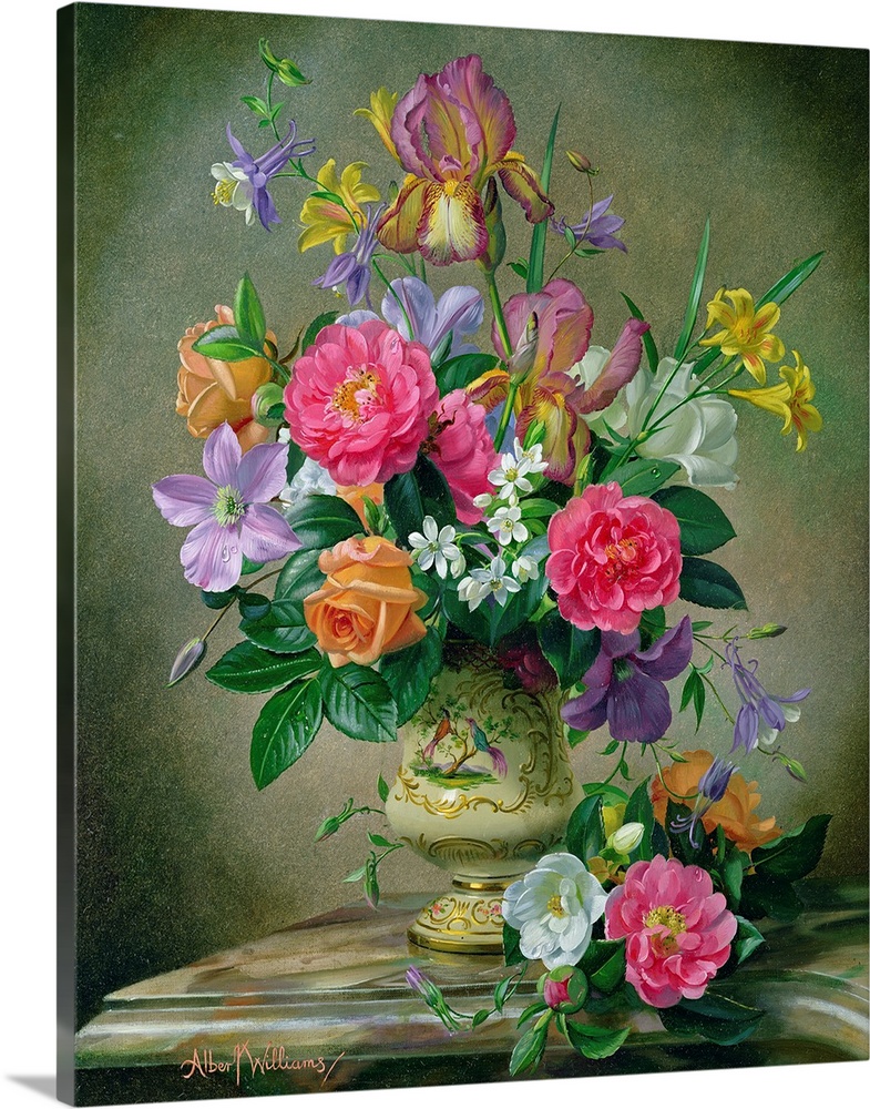 A large vertical painting of colorful flowers inside an antique vase with a neutral background.