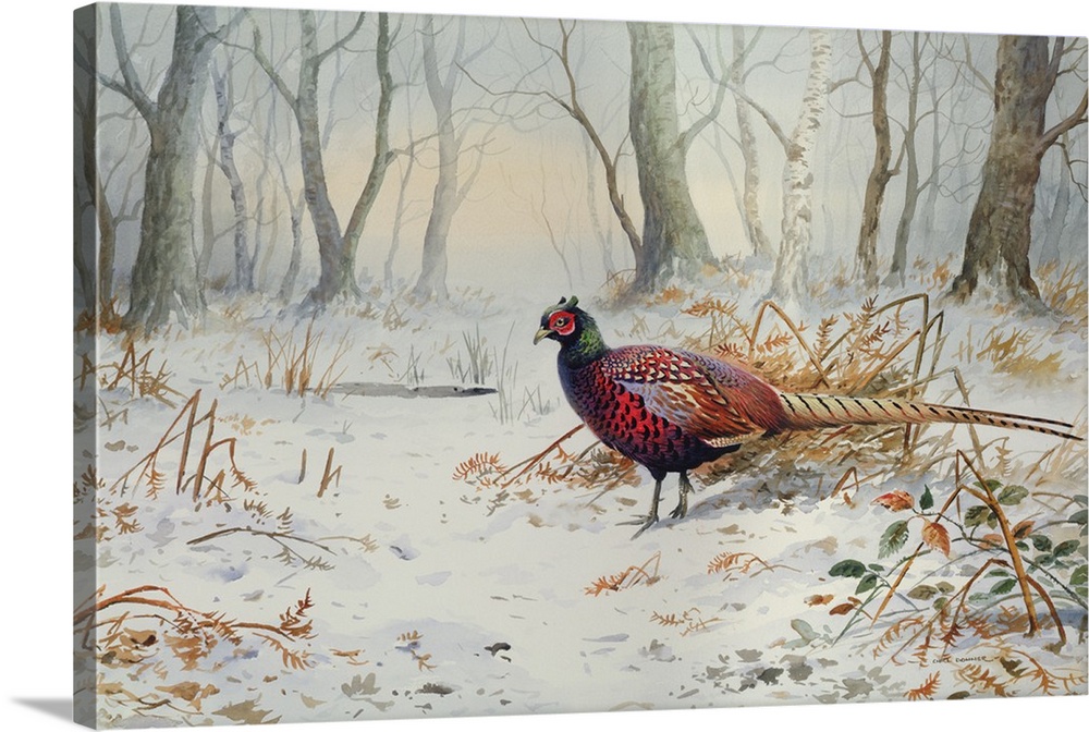 Pheasants in Snow, originally watercolor.