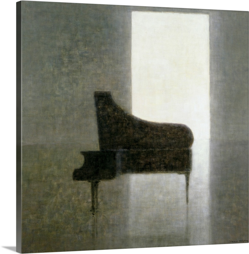 Artwork of a piano in the middle of an empty room. Texture of piece appears botchy.