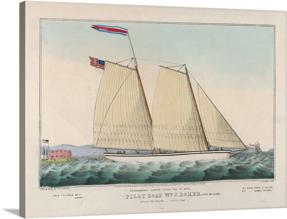 Pilot Boat William J. Romer, Captain McGuire, Leaving for England February 9th 1846 (originally hand-coloured lithograph) ...