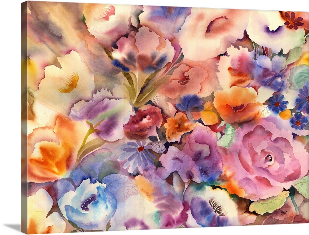 Contemporary watercolor painting multi-colored flowers.