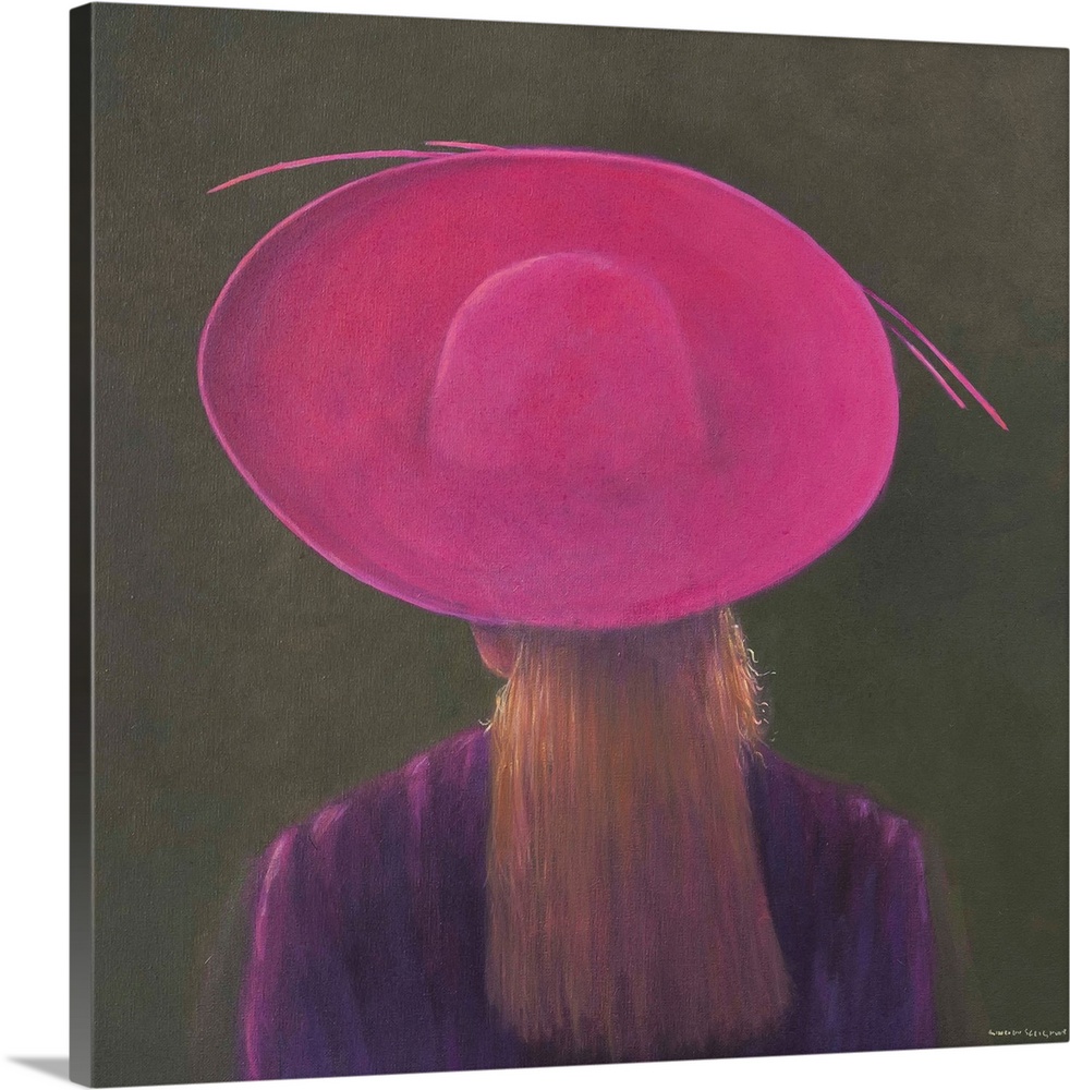 Contemporary painting of a rear view of a woman wearing a pink hat.