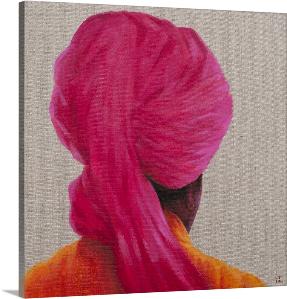 Contemporary painting of a rear view of a man with a pink turban against a neutral background.