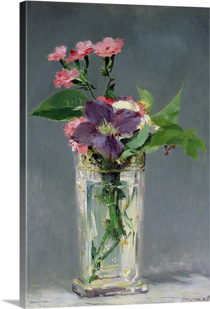 XIR38997 Pinks and Clematis in a Crystal Vase, c.1882 (oil on canvas)  by Manet, Edouard (1832-83); 56x35.5 cm; Musee d'Or...