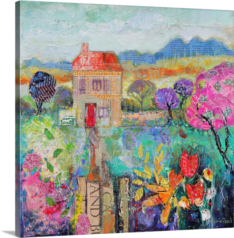 Colorful contemporary painting of a house in the countryside.