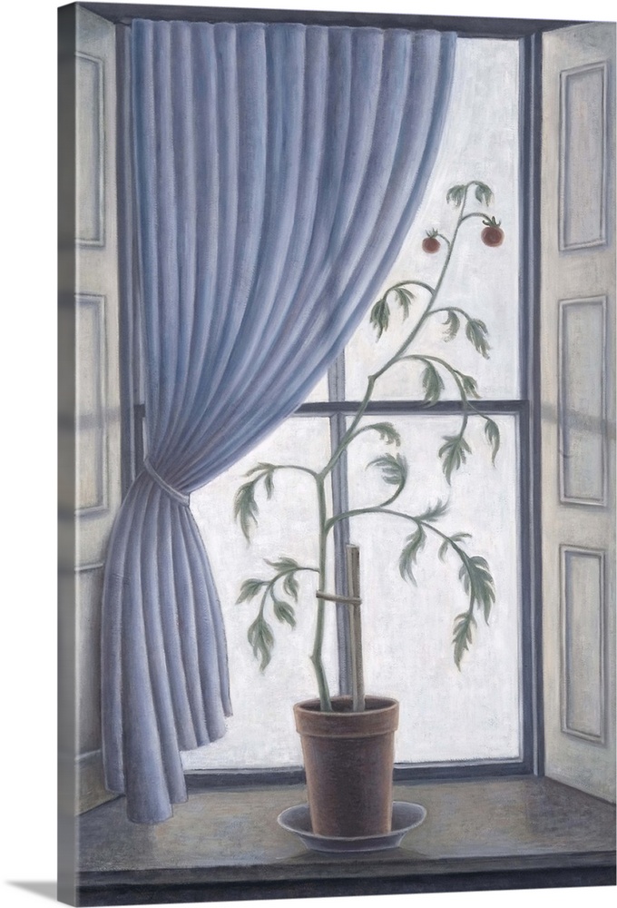 Contemporary painting of a potted plant on a window sill.