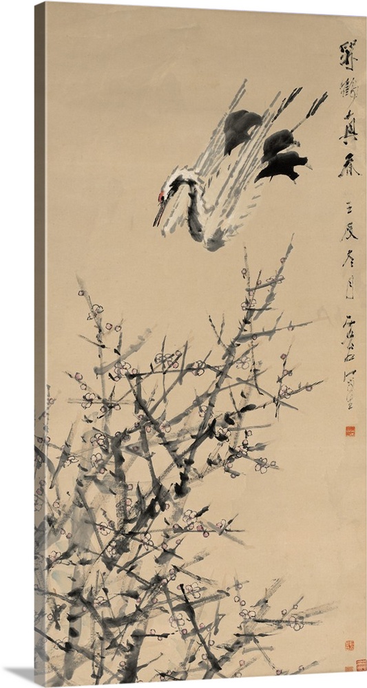 Plum Blossoms, Crane, and Spring, Qing dynasty, 1644-1912, 1824-96, c.1892, hanging scroll; ink and colors on paper.