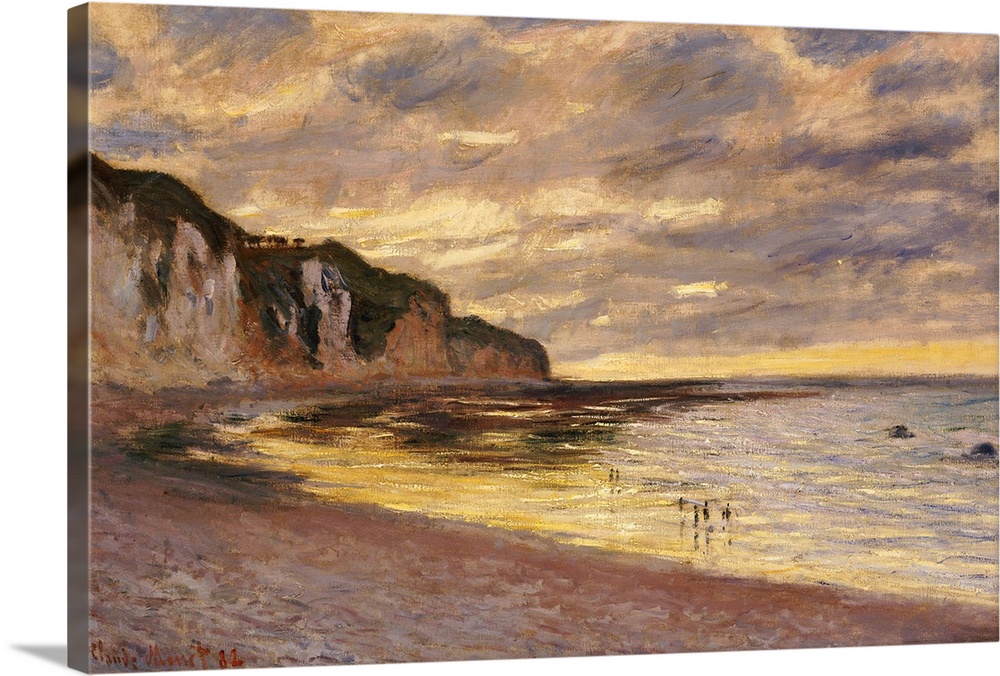 A classic piece of artwork that is a painted beach scene under a dusk sky with cliffs lining the left side of the print.