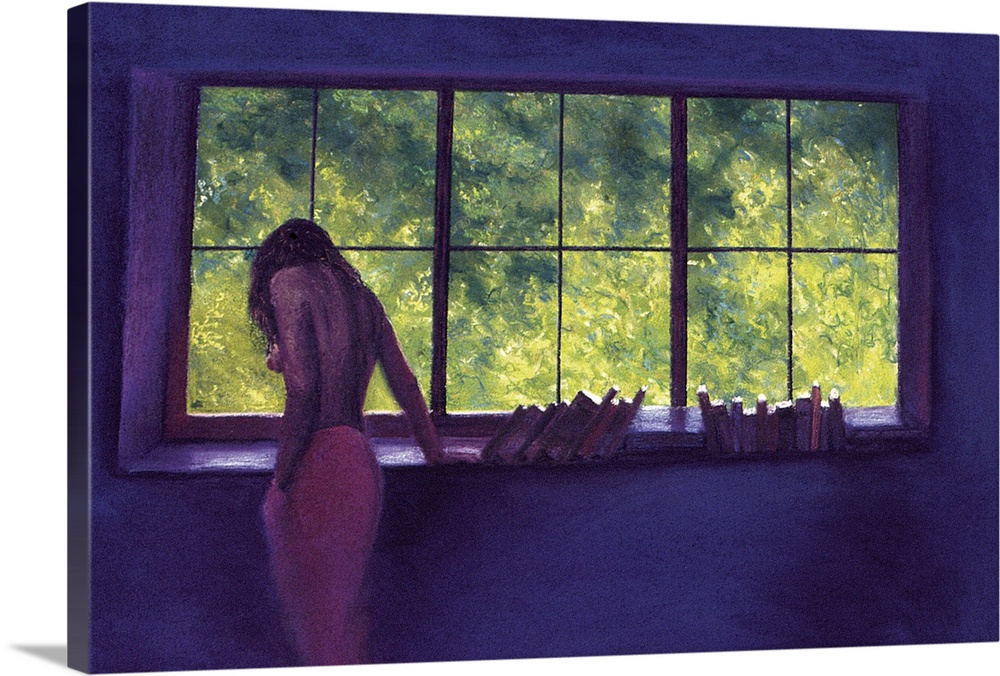 Contemporary artwork of a woman that you can only see the side and back of as she leans against a wide window with books s...