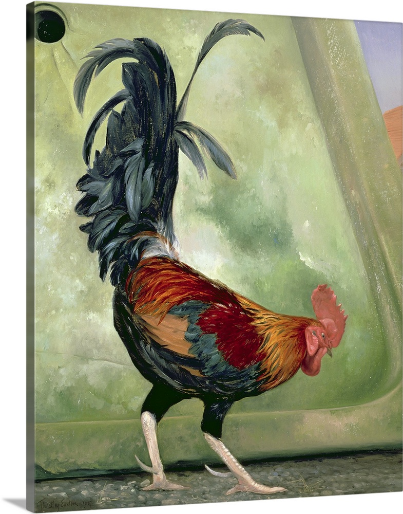 Traditional painting of a rooster with long spurs and tail feathers.