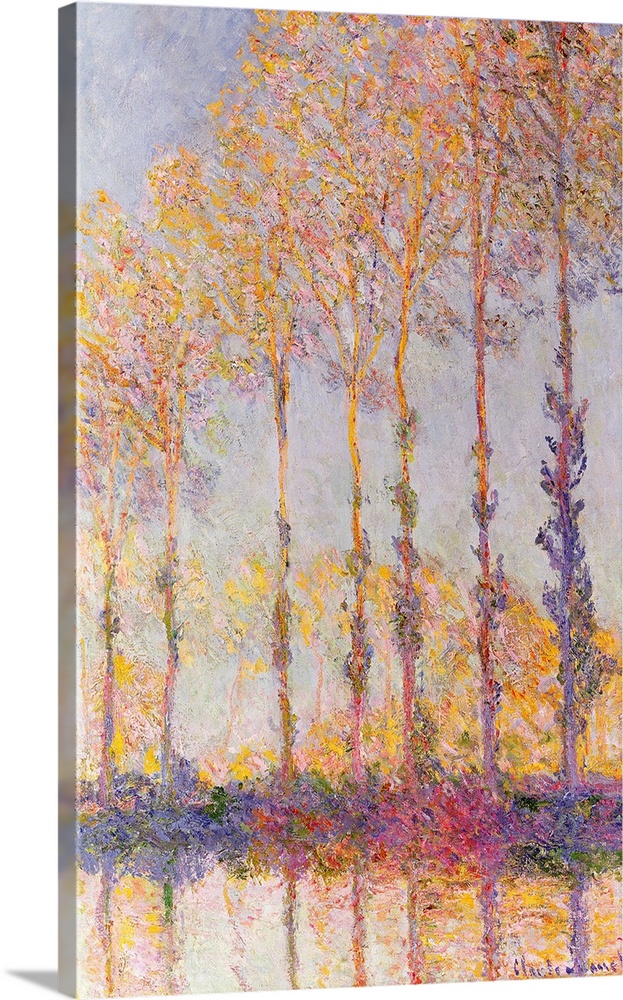 This Impressionist vertical panting makes use of a pastel color palette to capture the fading daylight on a row of trees g...