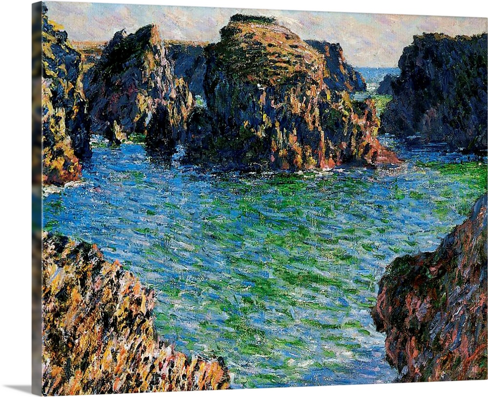 Big oil painting on canvas of large rock formations surrounded by water in the ocean.