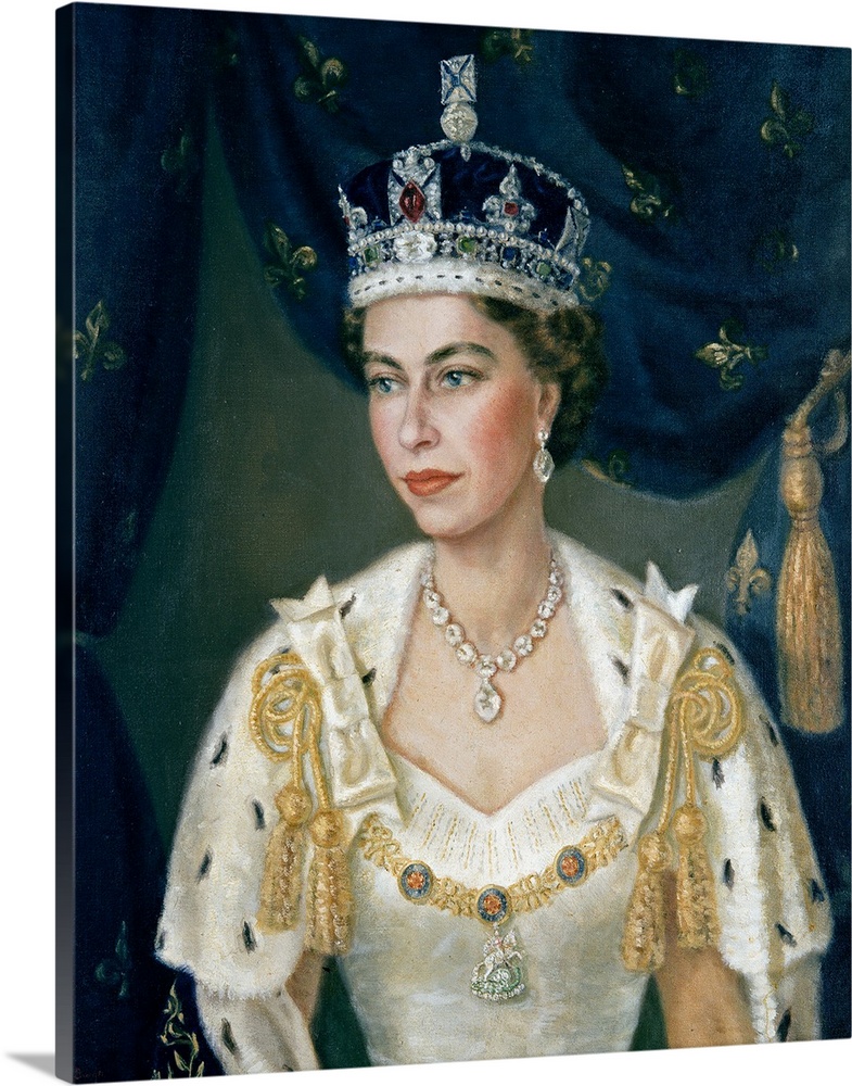 Portrait of Queen Elizabeth II wearing coronation robes and the Imperial State Crown