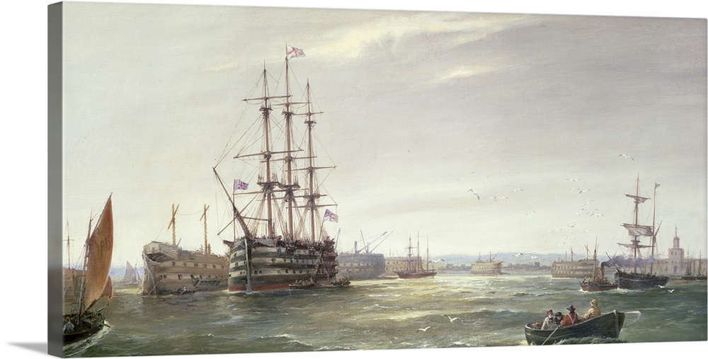BAL15693 Portsmouth Harbour: HMS 'Victory' among the Hulks, 1892 (oil)  by Roe, Robert Ernest (fl.1868-75); Private Collec...