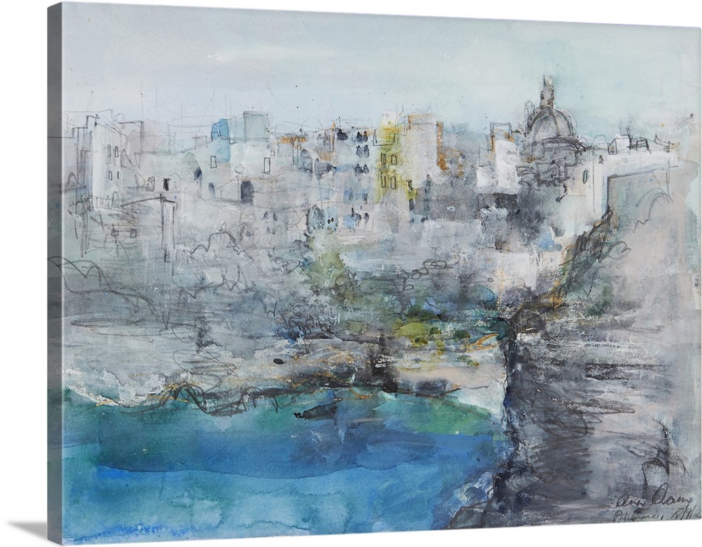 A beautiful abstract landscape painting of the Italian coastal town of Positano in muted blues and greys, accented with ch...