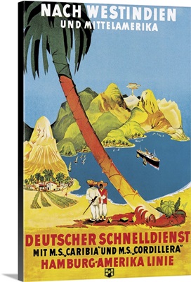 Poster advertising 'Hamburg-Amerika Linie' routes to the West Indies