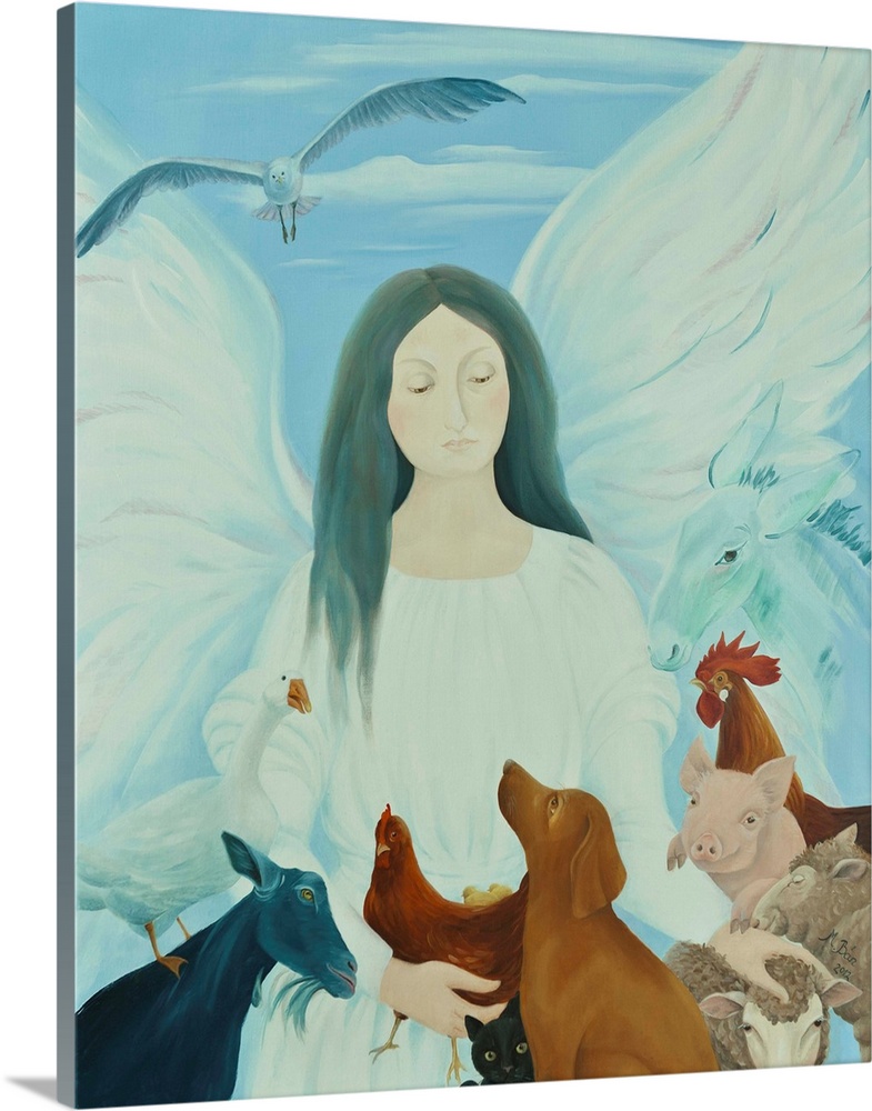 Contemporary painting of an angel tending to animals.