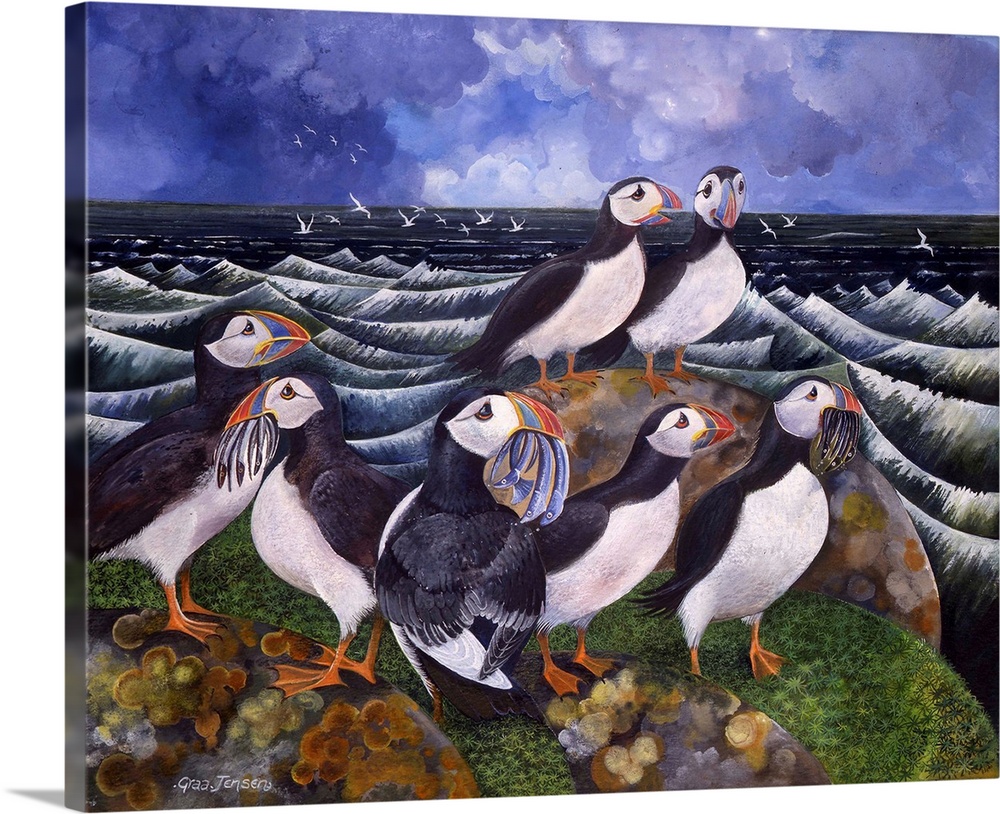 Contemporary painting of a puffins on a rock eating fish.