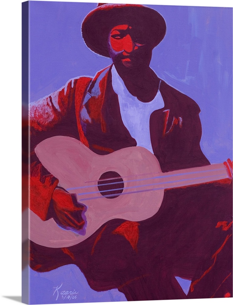 Contemporary artwork of a musician holding a guitar while sitting down. Half of his body is shadowed.