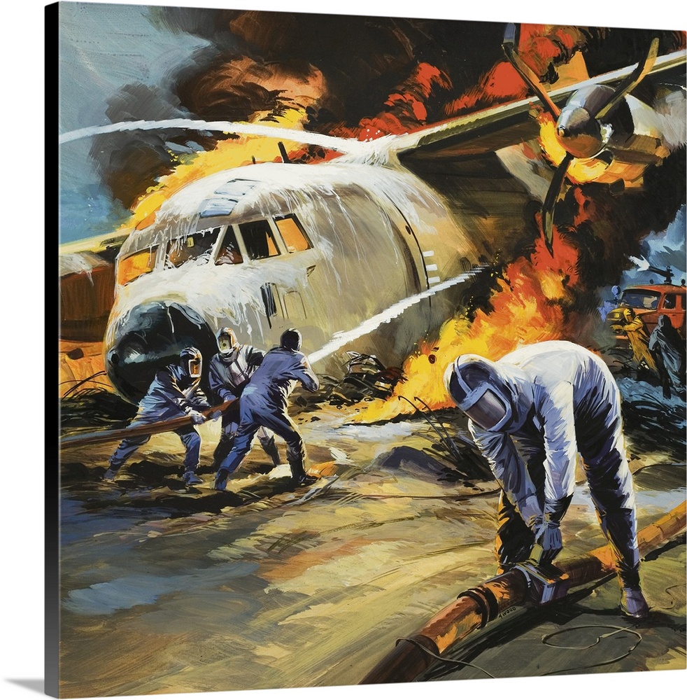Putting out a fire after an aircraft accident. Original artwork for Look and Learn.