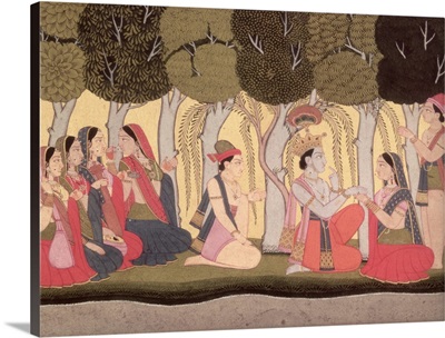 Radha and Krishna seated in a grove, Kulu, 1790-1800