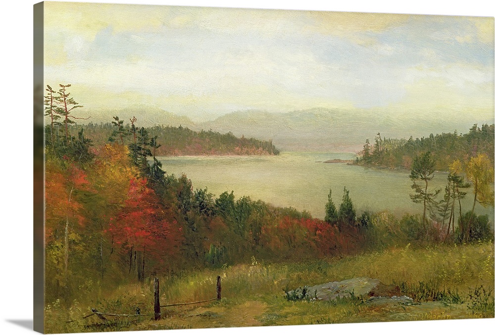 Painting of river surrounded by fall forest with mountains in the distance under a cloudy sky.