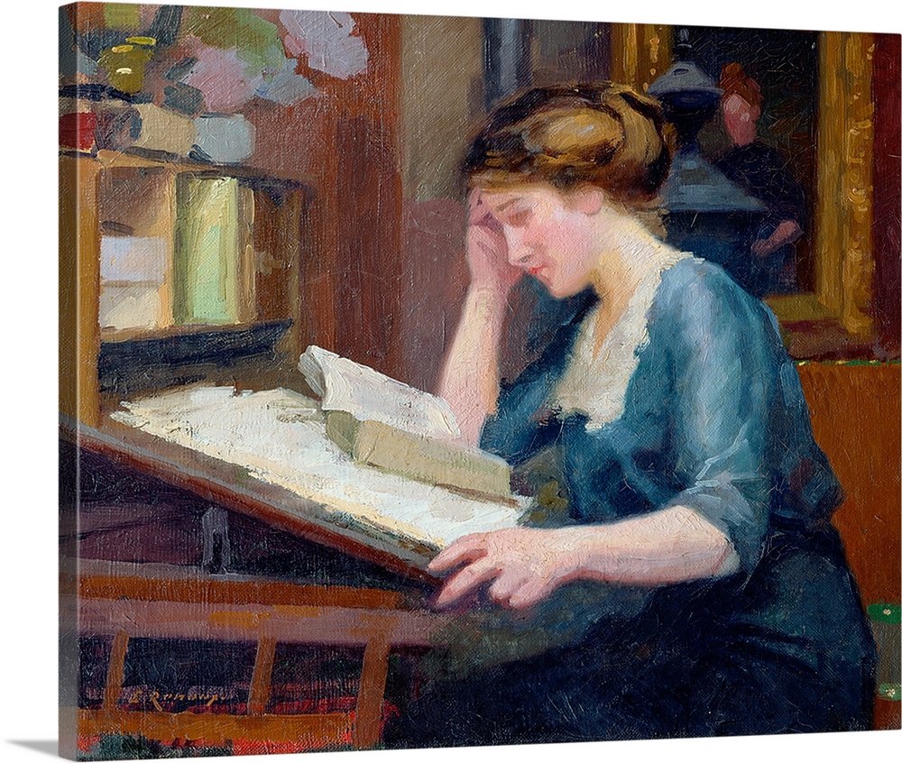 XIR164922 Reading (oil on canvas)  by Renoux, Jules Ernest (1863-1932); Private Collection; Giraudon; French, out of copyr...