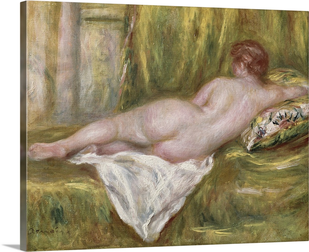 Landscape classic painting of the back of a nude woman as she lays on her side on a blanketed surface, he arm propped on a...