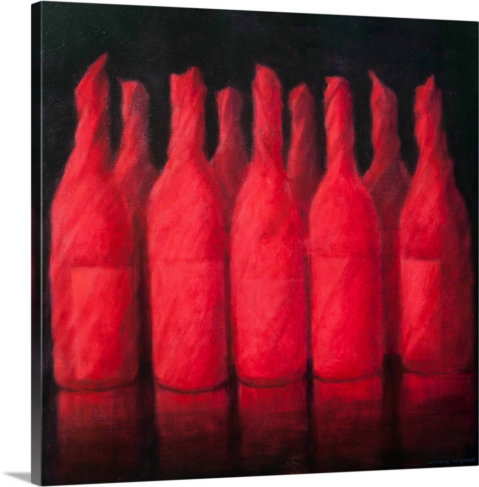 Contemporary painting of a row of wrapped bottles of wine.