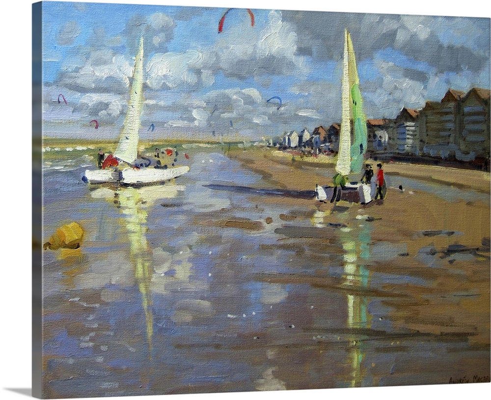 Piece of contemporary artwork that has two sail boats about to set off in the ocean. The beach is lined with houses to the...