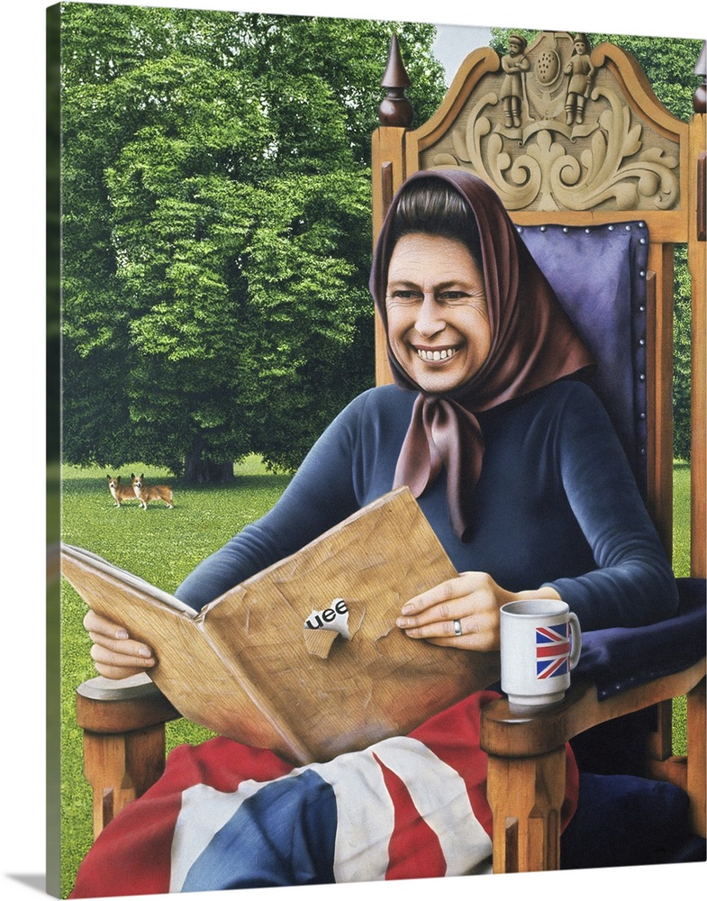 Contemporary painting of Queen Elizabeth II sitting in a chair outdoors.