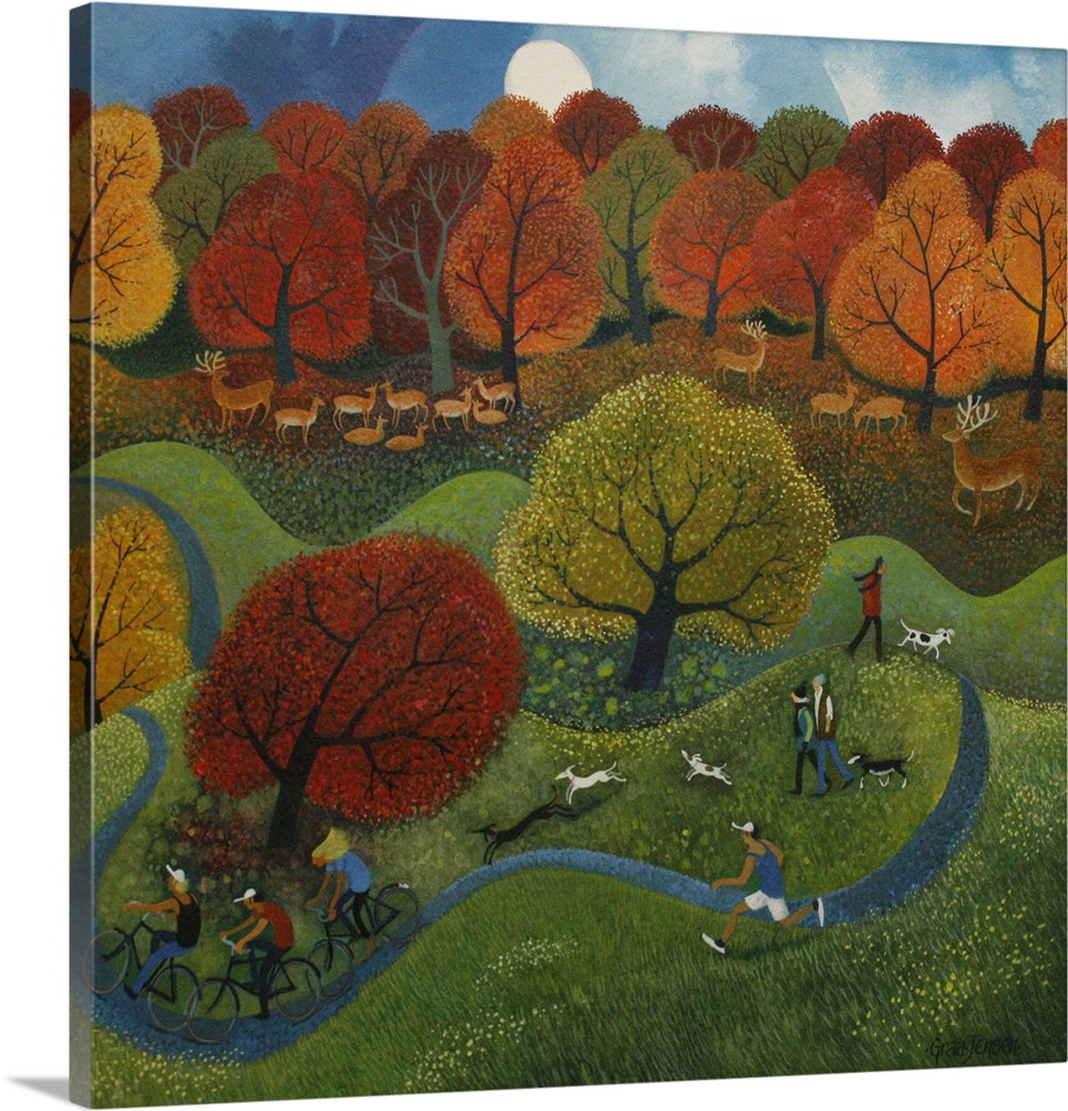 Contemporary painting of dogs running and people on bikes in a park in autumn.