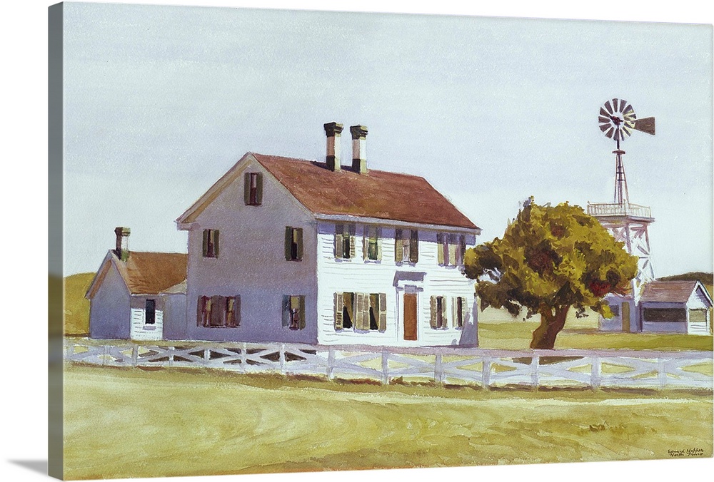 Painting of a white house with two chimneys in Cape Cod, Massachusetts with a single tree in the front yard and a windmill...