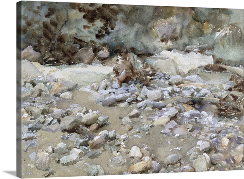 Watercolor painting of rocks of different sizes and colors laying along a riverbed.