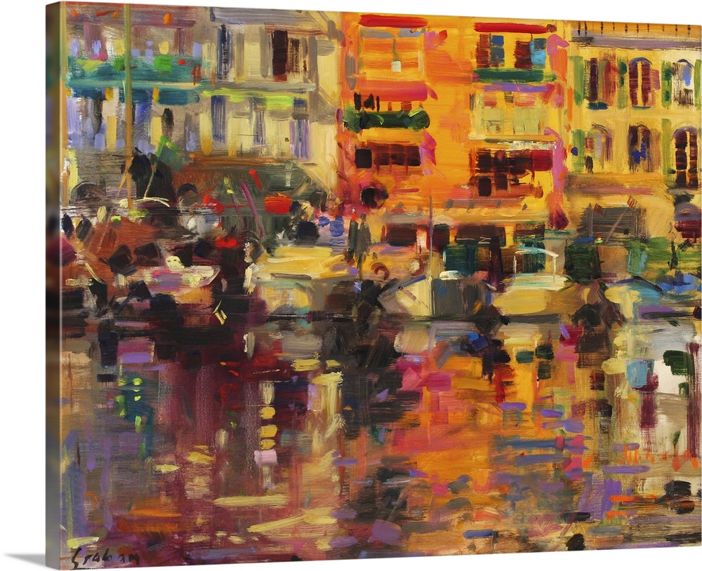 Contemporary abstract painting depicting a canal lined with boats and tall buildings in the background.