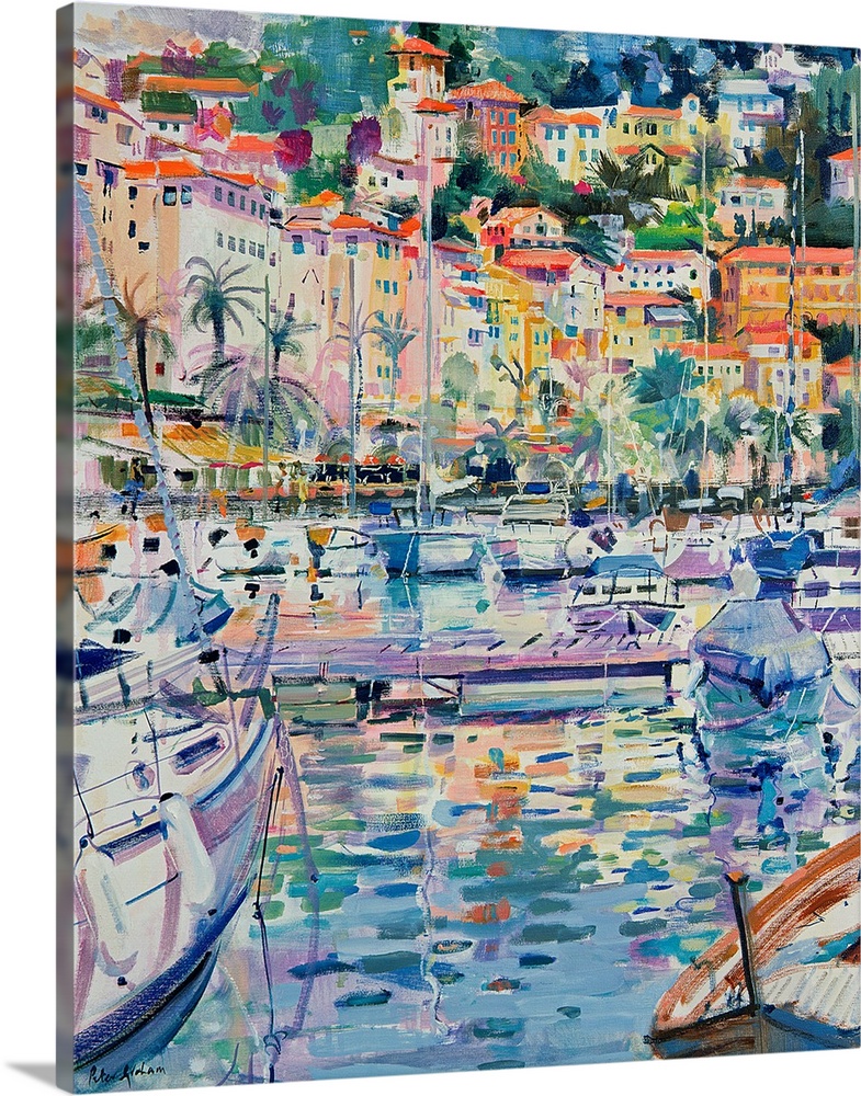 Colorful contemporary oil painting of a Mediterranean harbor filled with sailboats with city in the distance.