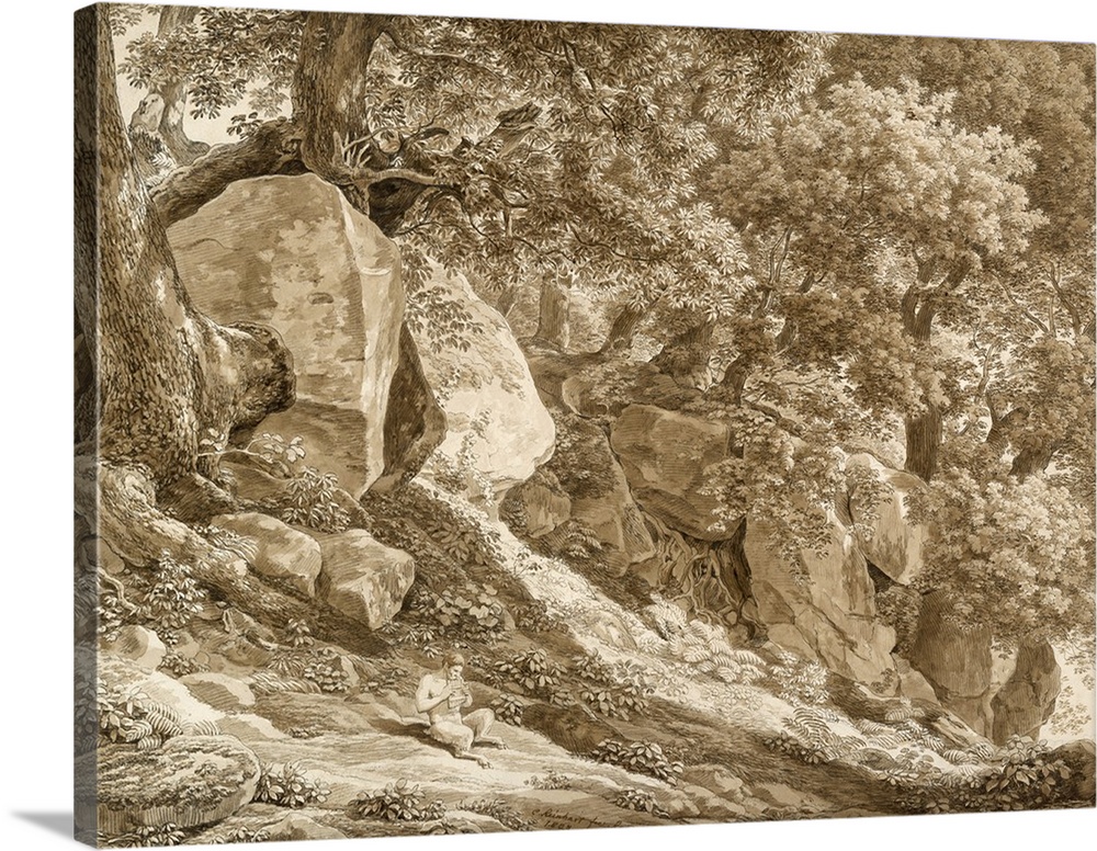 Rocky Landscape with Pan Playing His Flute, In the Park of the Villa Chigi, Ariccia, 1808, pen and black ink with brush an...